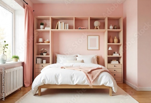 a bedroom with a pink wall and a bed with a white comforter.