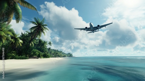 An airplane soars above a picturesque tropical beach, surrounded by palm trees and clear blue waters. Ideal for relaxation and vacation vibes. photo