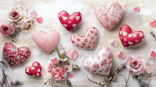 A flatlay of various heart-shaped decorations surrounded by beautiful flowers. The vibrant mix of red and pink hearts creates a romantic atmosphere.