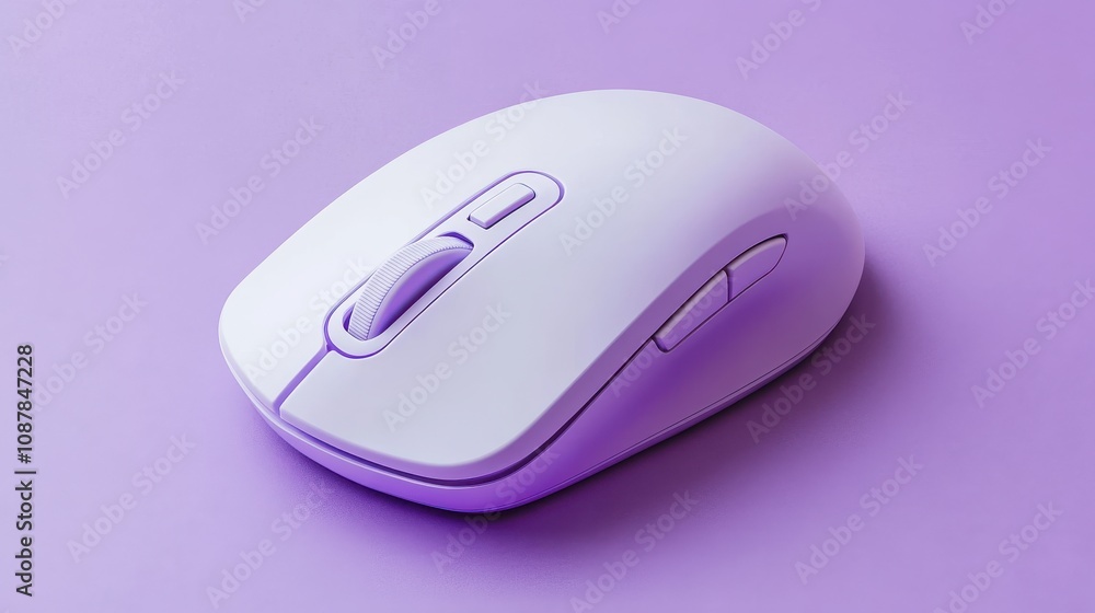 A Sleek Minimalist White Wireless Mouse Positioned Elegantly on a Soft Lavender Surface for Modern Workspace and Tech Aesthetic A Sleek Minimalist White Wireless Mouse Positioned Elegantly on a Soft Lavender Surface for Modern Workspace and Tech Aesthetic