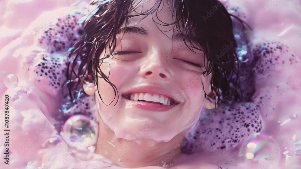Close-Up of Girl Surrounded by Colorful Soap Bubbles in Dreamy Whimsical Atmosphere, Perfect Light Reflections New Beautiful Stock Video Footage Animation AI Close-Up of Girl Surrounded by Colorful Soap Bubbles in Dreamy Whimsical Atmosphere, Perfect Light Reflections New Beautiful Stock Video Footage Animation AI