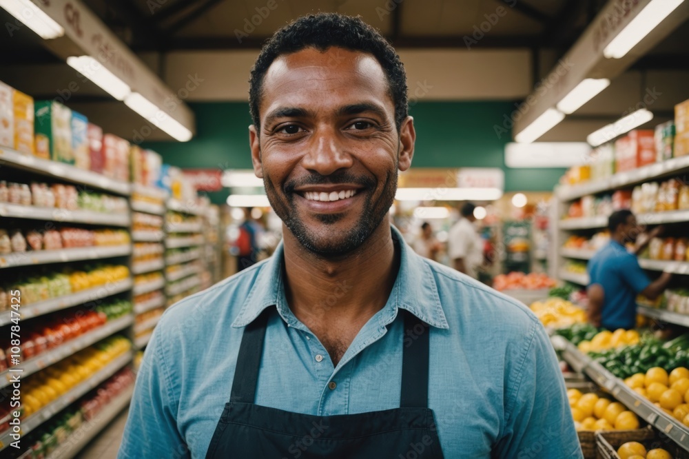 Close portrait of a smiling 40s Belizean male grocer standing and looking at the camera, Belizean grocery store blurred background Close portrait of a smiling 40s Belizean male grocer standing and looking at the camera, Belizean grocery store blurred background