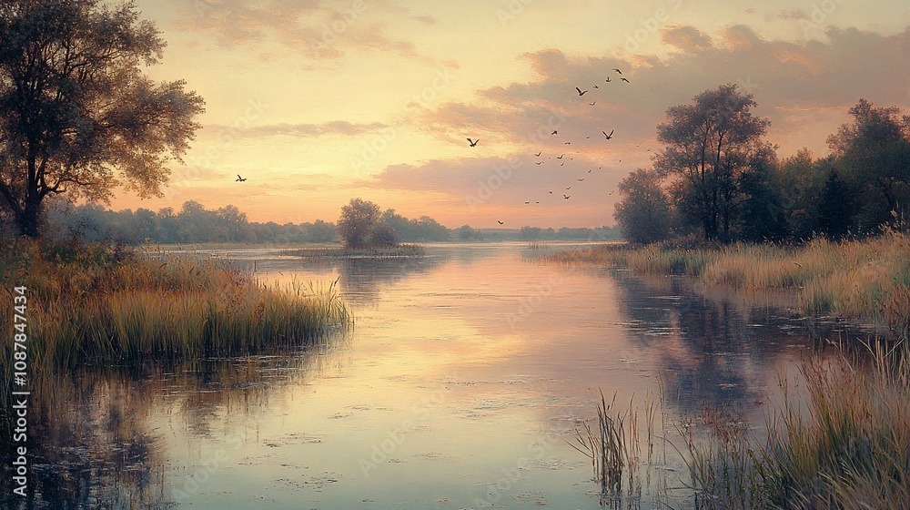 Fototapeta premium Serene river landscape at sunset with reflections and birds in the sky.