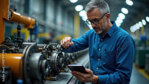 An engineer checks information on a smartphone while examining equipment in a busy manufacturing facility filled with machinery and tools