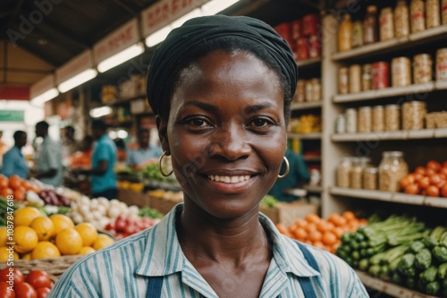 Close portrait of a smiling 40s Beninese female grocer standing and looking at the camera, Beninese grocery store blurred background