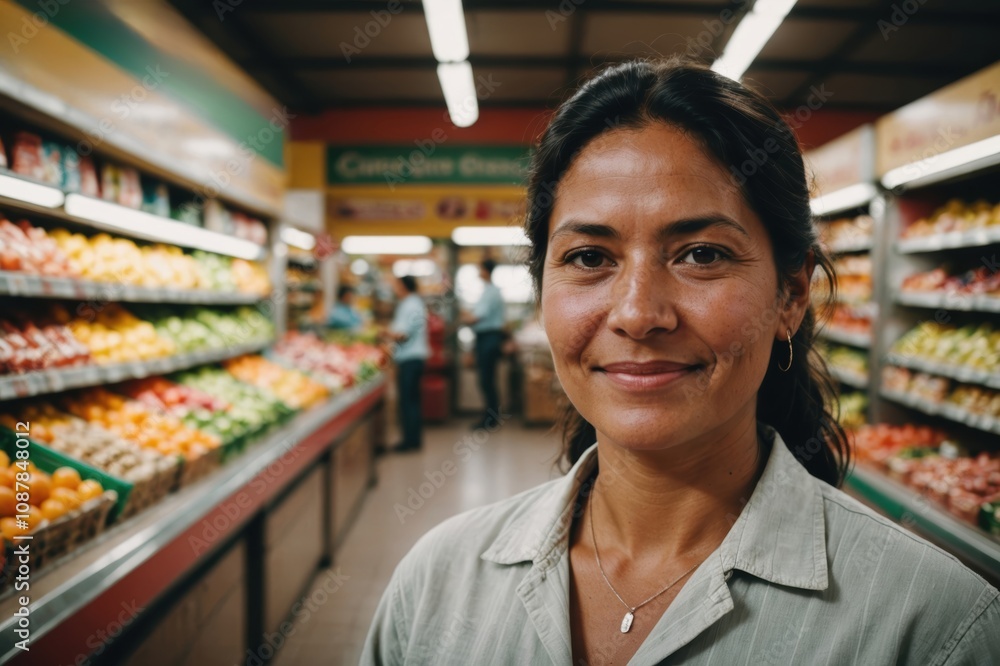 Close portrait of a smiling 40s Bolivian female grocer standing and looking at the camera, Bolivian grocery store blurred background