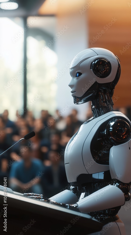 Humanoid robot lecturer in modern college classroom setting Humanoid robot lecturer in modern college classroom setting