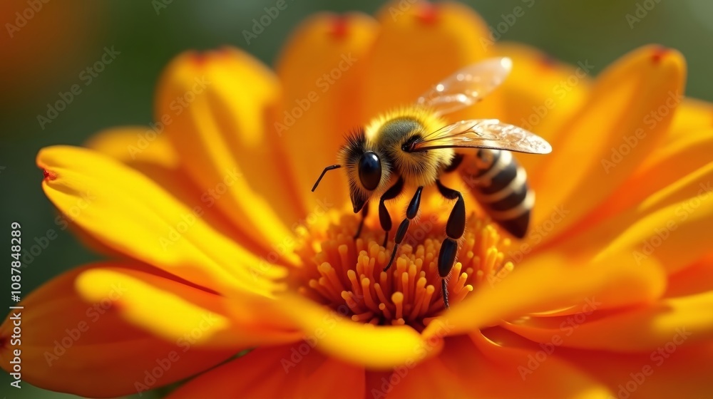 Macro Shot of a Honeybee on Vibrant Marigold Petal with Pollen-Dusted Body Macro Shot of a Honeybee on Vibrant Marigold Petal with Pollen-Dusted Body