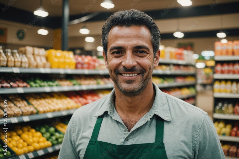 Close portrait of a smiling 40s Brazilian male grocer standing and looking at the camera, Brazilian grocery store blurred background Close portrait of a smiling 40s Brazilian male grocer standing and looking at the camera, Brazilian grocery store blurred background