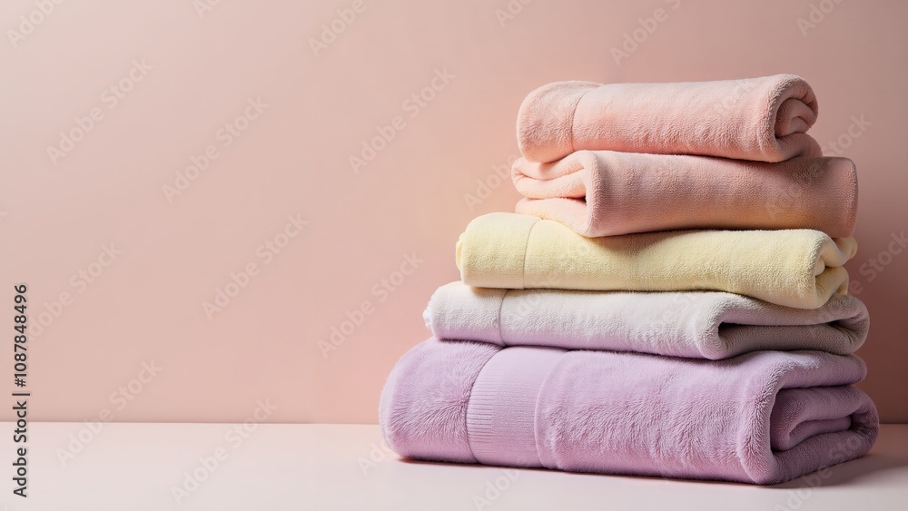 Obraz premium Soft and vibrant pastel towels neatly arranged in a cozy bathroom setting on a sunny afternoon
