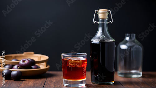 Rakia or rakija traditional Balkan fruit brandy. Plum brandy sljivovica in a glass and decanter on a wooden table and dark background. Vertical. Copyspace photo