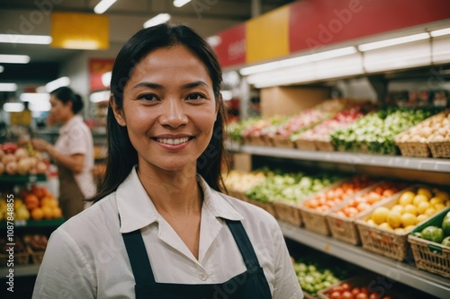 Close portrait of a smiling 40s Bruneian female grocer standing and looking at the camera, Bruneian grocery store blurred background