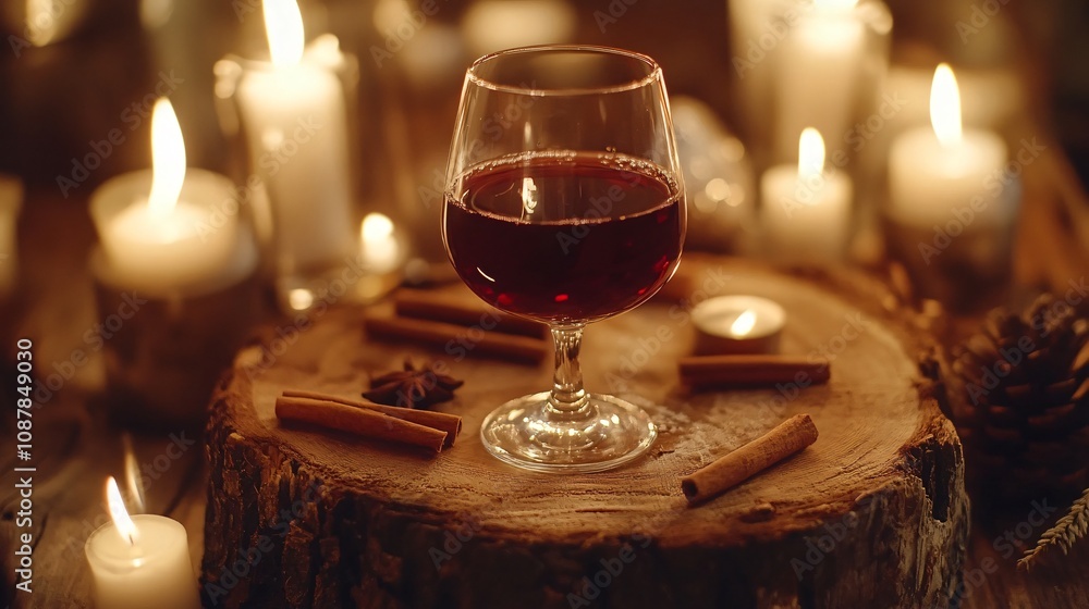 Closeup of a mulled wine glass on a wooden log slice, surrounded by cinnamon sticks and glowing candles Closeup of a mulled wine glass on a wooden log slice, surrounded by cinnamon sticks and glowing candles