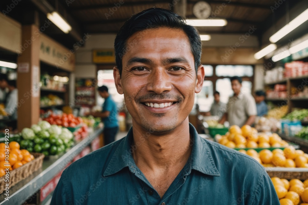 Close portrait of a smiling 40s Burmese male grocer standing and looking at the camera, Burmese grocery store blurred background Close portrait of a smiling 40s Burmese male grocer standing and looking at the camera, Burmese grocery store blurred background