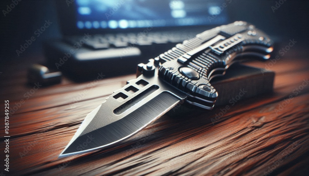 High-Resolution 4K Utility Knife with Metallic Blade and Textured Handle. High-Resolution 4K Utility Knife with Metallic Blade and Textured Handle.
