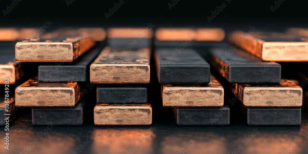 Copper and black metal bars stacked in geometric pattern Copper and black metal bars stacked in geometric pattern