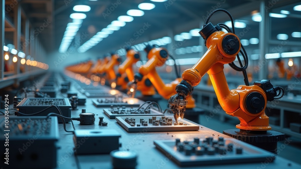 In a well-lit factory, robotic arms meticulously assemble electronic components on a conveyor belt, showcasing automation in industry during evening hours In a well-lit factory, robotic arms meticulously assemble electronic components on a conveyor belt, showcasing automation in industry during evening hours
