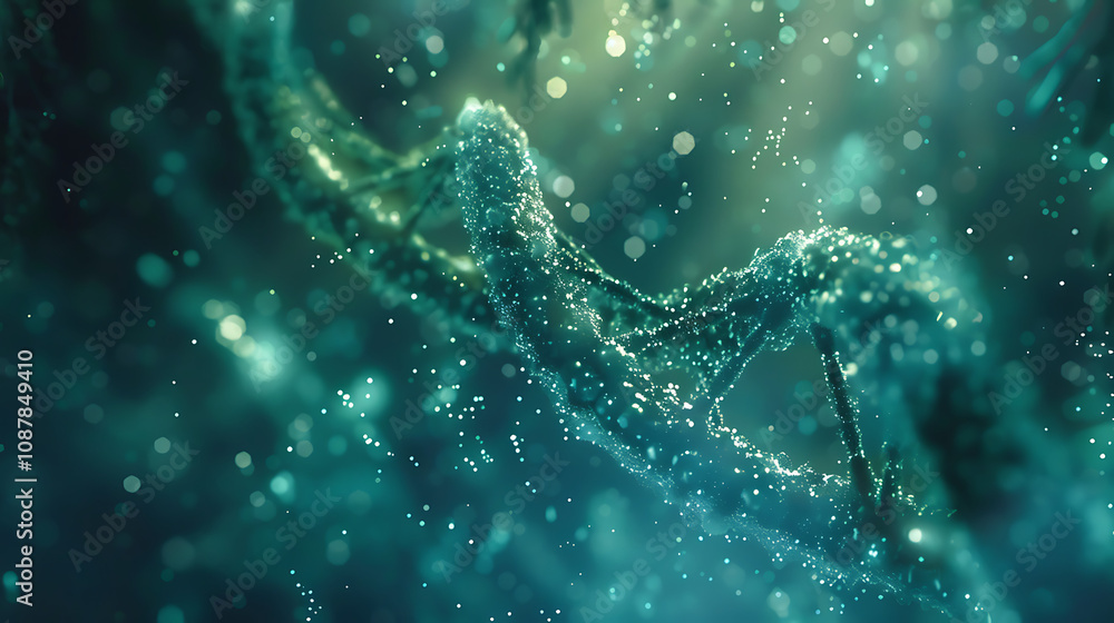 a close-up view of a DNA double helix against a soft, glowing background. The strand appears detailed and textured, with hints of sparkling light and particles a close-up view of a DNA double helix against a soft, glowing background. The strand appears detailed and textured, with hints of sparkling light and particles