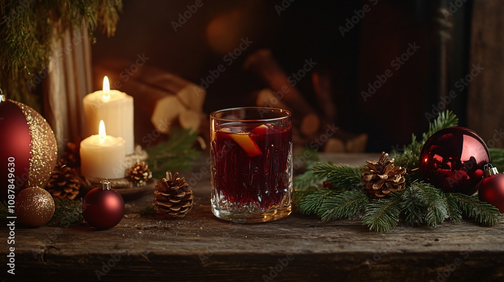 Elegant glass of mulled wine on a rustic table, surrounded by Christmas ornaments, evergreen sprigs, and a glowing candle Elegant glass of mulled wine on a rustic table, surrounded by Christmas ornaments, evergreen sprigs, and a glowing candle