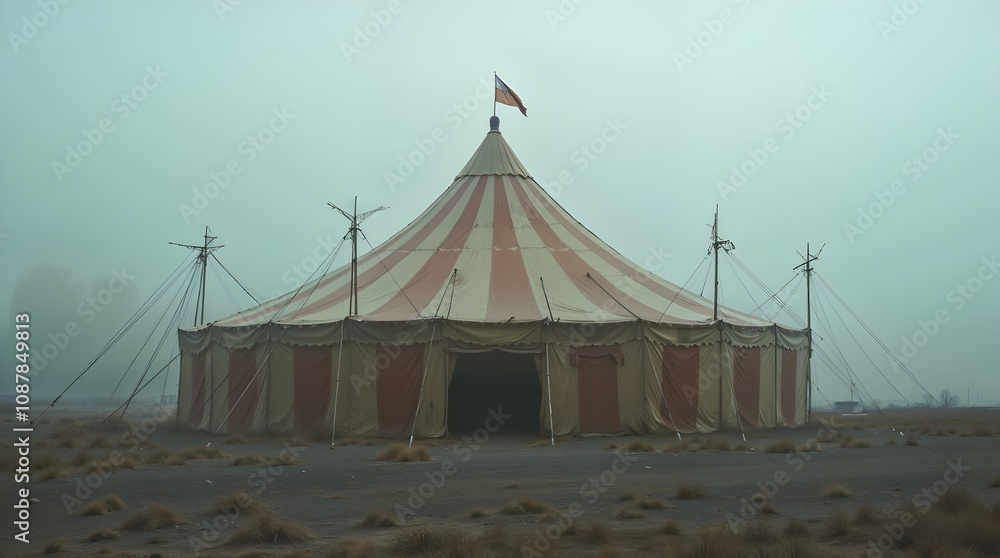 Abandoned circus tents stand in a misty, desolate landscape, their faded red and white stripes a reminder of their former glory. Abandoned circus tents stand in a misty, desolate landscape, their faded red and white stripes a reminder of their former glory.
