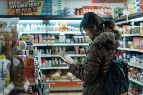 Woman shopping at store reviewing receipt at checkout