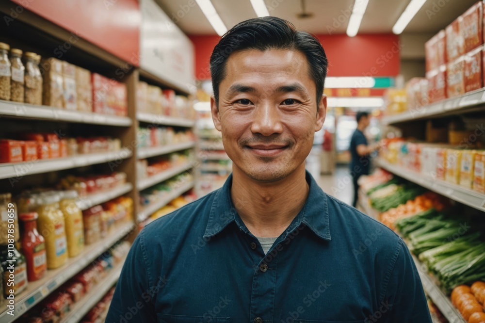 Close portrait of a smiling 40s Chinese male grocer standing and looking at the camera, Chinese grocery store blurred background Close portrait of a smiling 40s Chinese male grocer standing and looking at the camera, Chinese grocery store blurred background