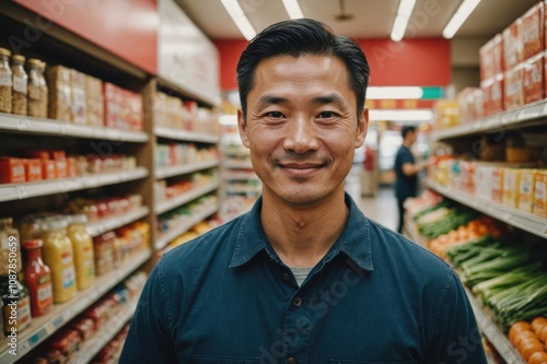 Close portrait of a smiling 40s Chinese male grocer standing and looking at the camera, Chinese grocery store blurred background