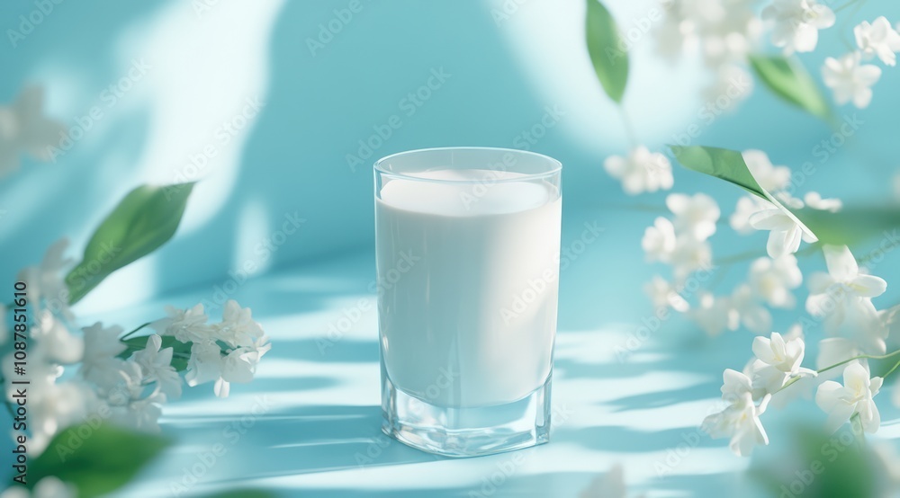 World Milk Day concept with a glass of milk on a light blue background World Milk Day concept with a glass of milk on a light blue background