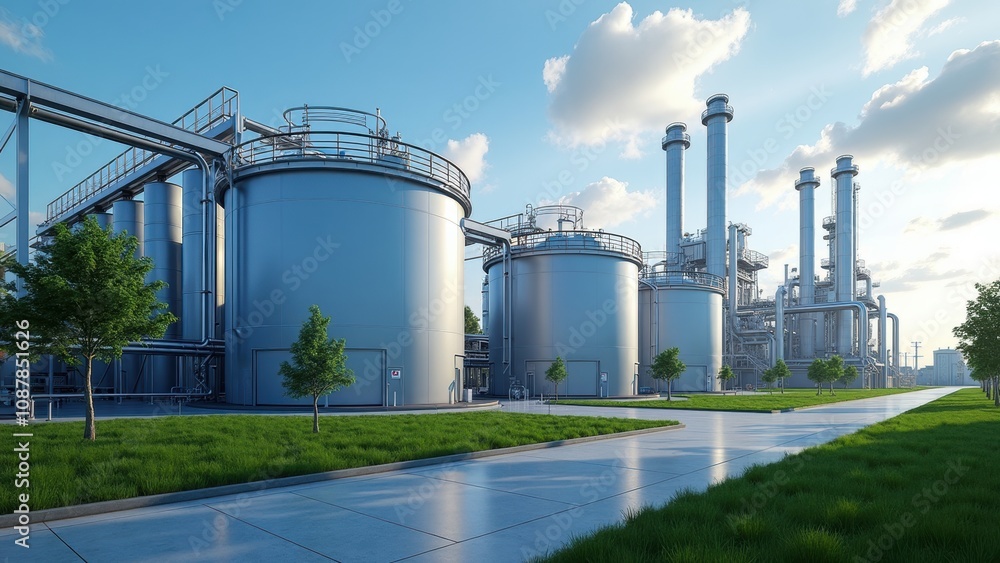 A large industrial facility showcases several silver storage tanks alongside towering smokestacks. The area is landscaped with green grass, creating a clean, open environment A large industrial facility showcases several silver storage tanks alongside towering smokestacks. The area is landscaped with green grass, creating a clean, open environment