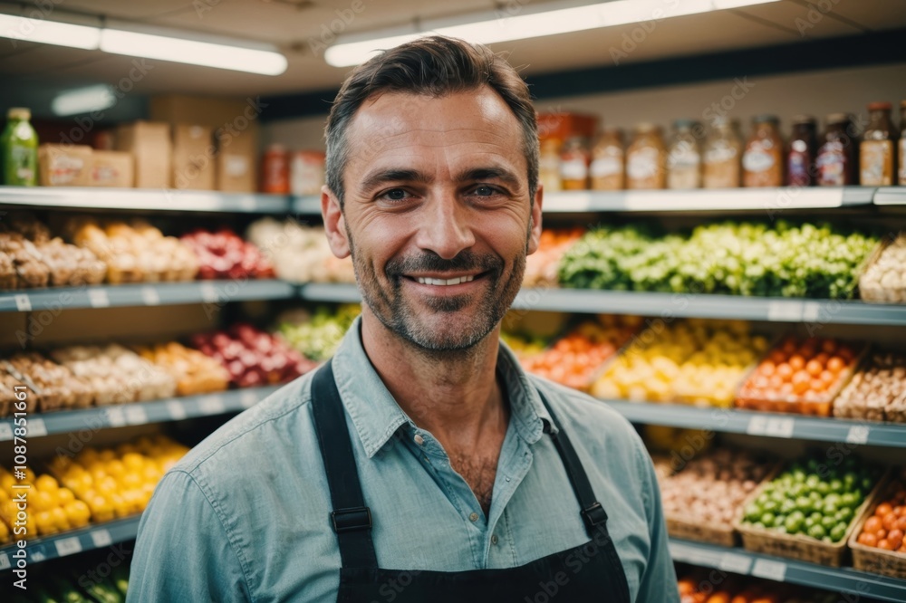 Close portrait of a smiling 40s Croatian male grocer standing and looking at the camera, Croatian grocery store blurred background Close portrait of a smiling 40s Croatian male grocer standing and looking at the camera, Croatian grocery store blurred background