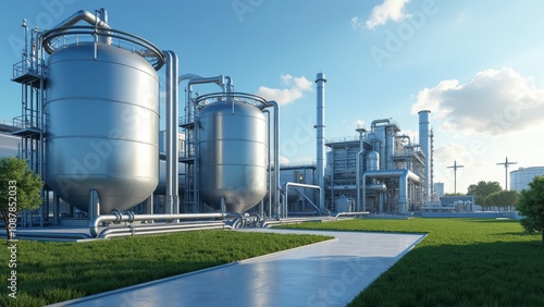 An industrial processing facility features large metallic storage tanks surrounded by neatly maintained grass and walkways, illuminated by daylight