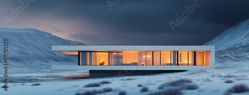 Modern house illuminated at dusk in a snowy landscape with dramatic mountains...