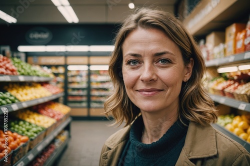 Close portrait of a smiling 40s Danish female grocer standing and looking at the camera, Danish grocery store blurred background