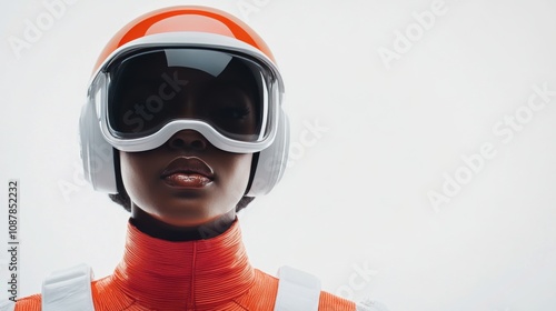 Young athlete in bright orange winter gear prepares for competition in snowy ...