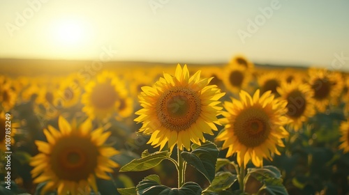 A field of sunflowers in full bloom at sunset, with the sun shining brightly in the background.