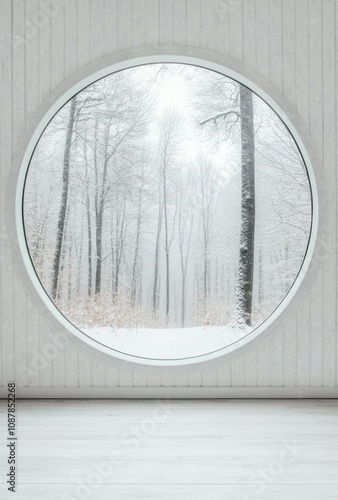 A round window framing a serene winter landscape with snow covered trees and ...
