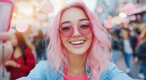 Young woman with pink hair takes a cheerful selfie in a vibrant outdoor city ...