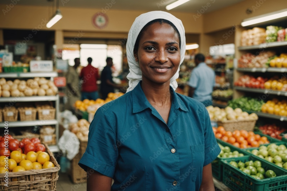 Close portrait of a smiling 40s Djiboutian female grocer standing and looking at the camera, Djiboutian grocery store blurred background Close portrait of a smiling 40s Djiboutian female grocer standing and looking at the camera, Djiboutian grocery store blurred background