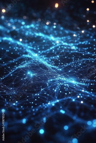 Abstract digital network of blue glowing nodes and connections in a dark environment