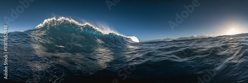 Majestic ocean wave crashing at sunset near tropical shoreline