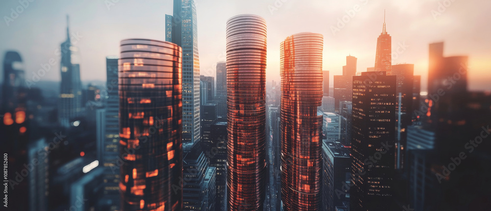 Fototapeta premium Futuristic cityscape with sleek skyscrapers at sunset