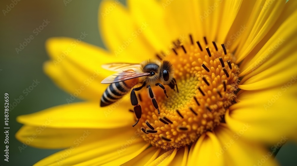 Macro Shot of Honeybee Sipping Nectar from a Yellow Sunflower with Pollen Dust Macro Shot of Honeybee Sipping Nectar from a Yellow Sunflower with Pollen Dust
