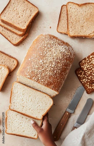 Freshly baked bread being sliced on a wooden countertop with a hand reaching ...