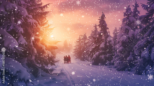 A Picturesque Winter Wonderland with a Horse-Drawn Sleigh Gliding Through Snow-Covered Trees and Sparkling Snowflakes