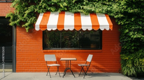 Charming outdoor cafe setting with striped awning and greenery in a vibrant u...