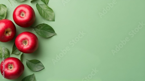 Fresh green apples arranged on a green background with leaves during daylight