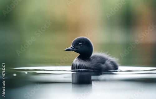 A young duckling swimming peacefully in a tranquil pond during a sunny day