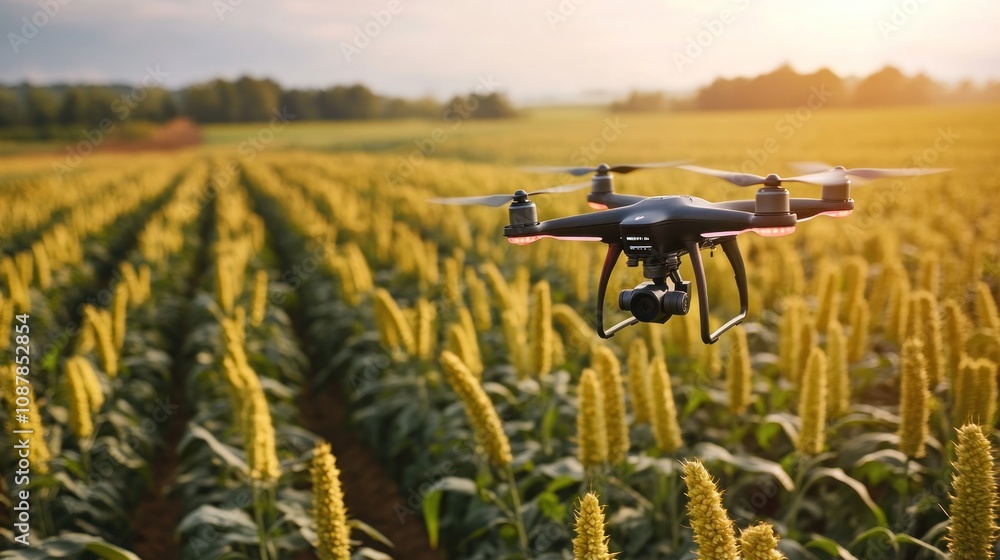 Naklejka premium A drone flies over a field of millet at sunset.