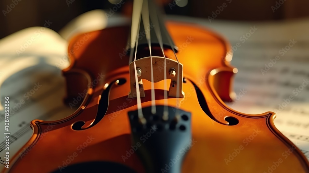 Fototapeta premium Close-Up of Violin Strings and Bridge with Polished Wood Grain and Blurred Sheet Music