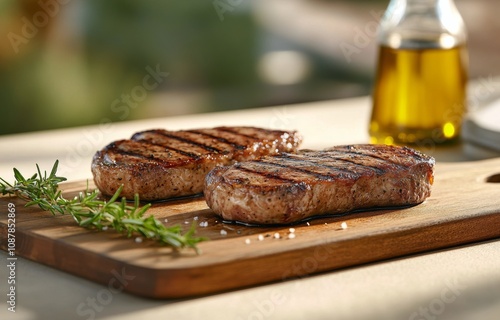Grilled meat with fresh rosemary and olive oil on a wooden board in a sunny o...